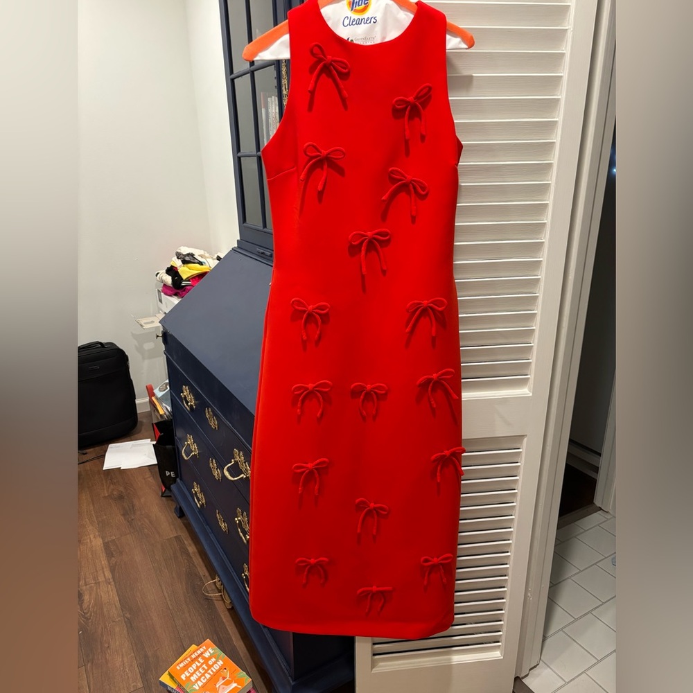 English Factory Vibrant Red Midi Dress with Bow Details